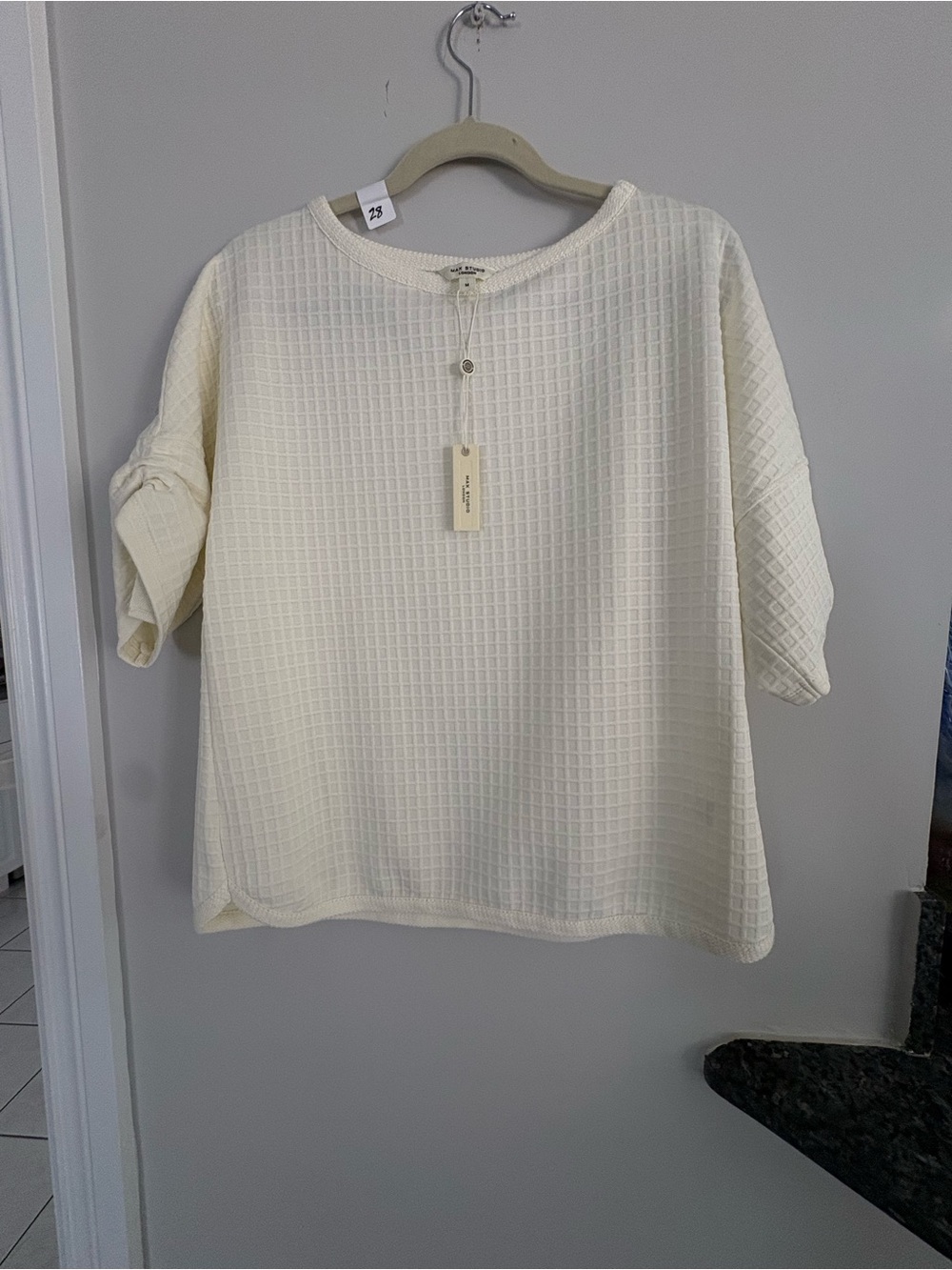 Max Studio Cream Waffle-Knit Short Sleeve Sweatshirt